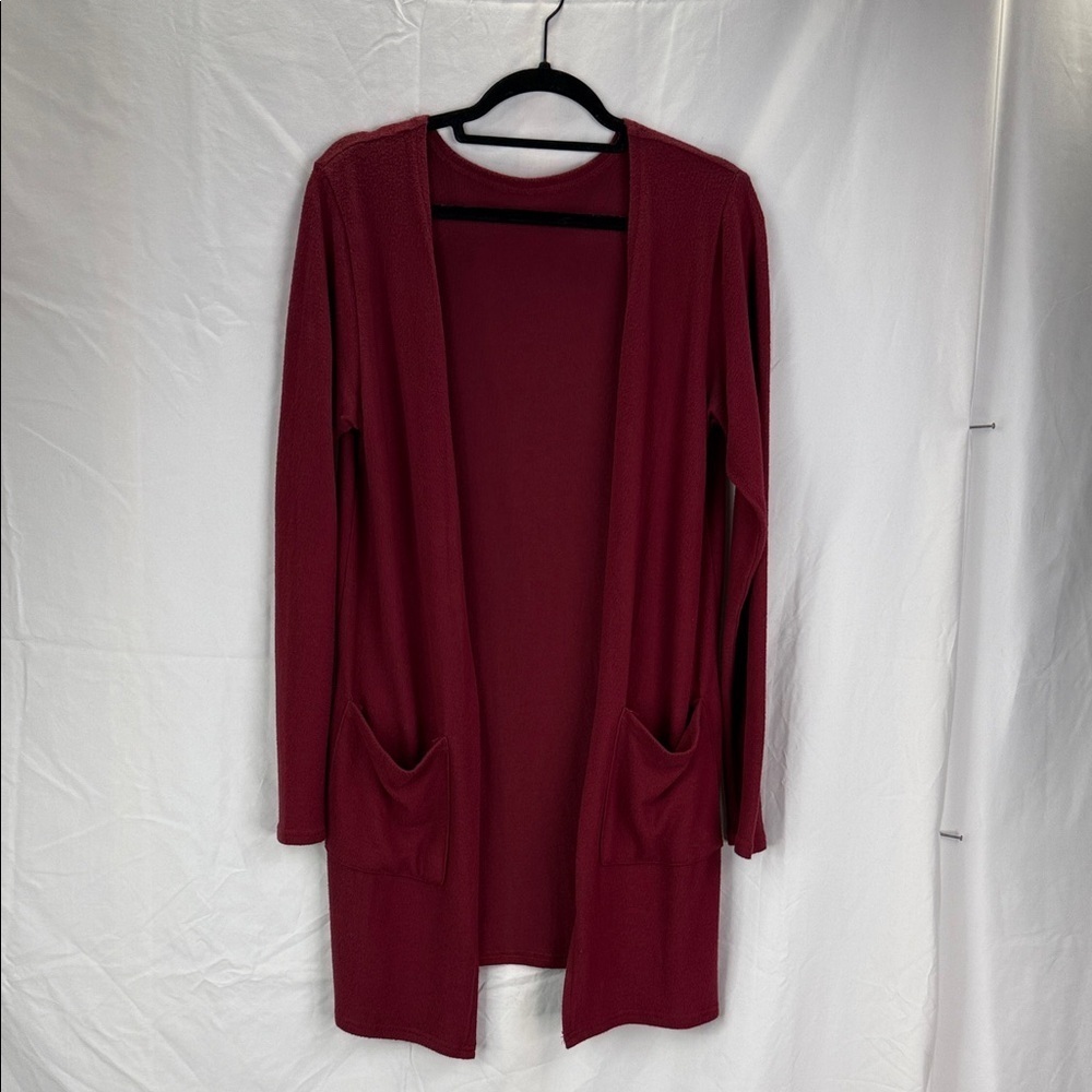 Zyia Active Women's Size Large Boyfriend Lounge Burgundy Open Front Cardigan